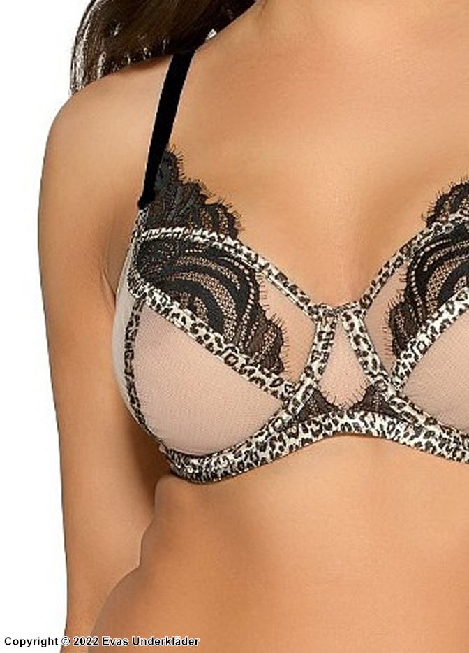 BH mit großen Körbchen, transparente Einlagen, Spitzendetails, Leopard, B bis L-Cup